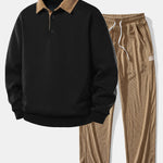 Contrast Corduroy Polo Collar Sweatshirt & Corduroy Pants Set