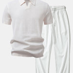 Textured Johnny Collar Crocheted Knit Polo & Crinkle Textured Pants Set