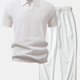 Textured Johnny Collar Crocheted Knit Polo & Crinkle Textured Pants Set