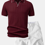 Geometric Jacquard Johnny Collar Polo & Elastic Waist Chino Shorts Set