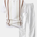 Stripe Knit Zip Up Polo Shirt & Straight Leg Linen Pants Set