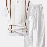 Stripe Knit Zip Up Polo Shirt & Straight Leg Linen Pants Set