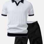 Contrast Trim Ribbed Johnny Collar Knit Polo & Chino Shorts Set