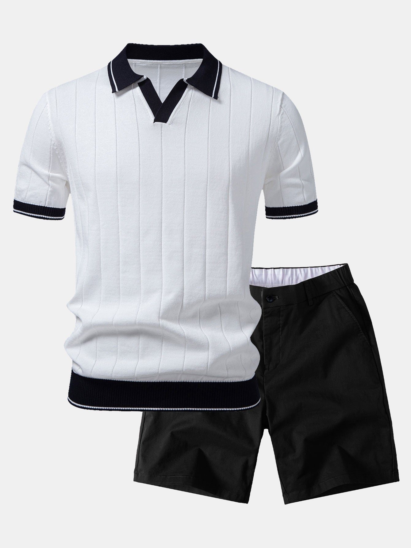 Contrast Trim Ribbed Johnny Collar Knit Polo & Chino Shorts Set