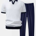 Contrast Textured Johnny Collar Knit Polo & Tapered Trousers Set