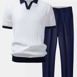 Contrast Textured Johnny Collar Knit Polo & Tapered Trousers Set