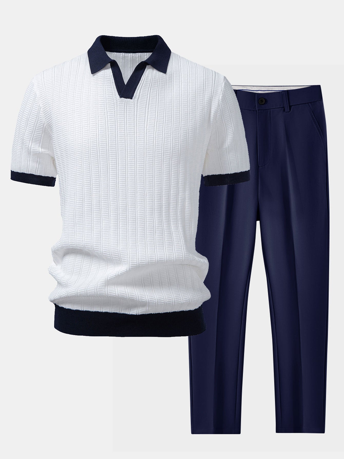 Contrast Textured Johnny Collar Knit Polo & Tapered Trousers Set