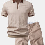 Contrast Trim Textured Zipper Knit Polo & Chino Shorts Set