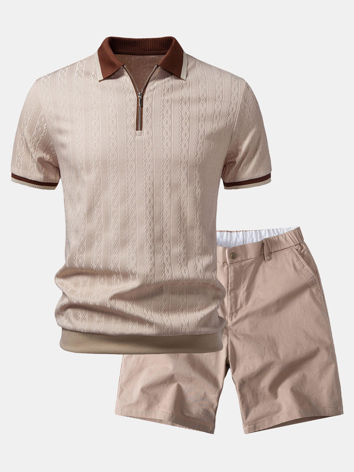 Contrast Trim Textured Zipper Knit Polo & Chino Shorts Set