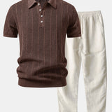 Linen Stripe Open Knit Polo & Straight Leg Linen Pants Set