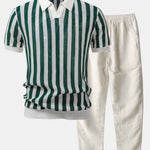 Stripe Johnny Collar Open Knit Polo & Straight Leg Linen Pants Set