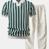 Stripe Johnny Collar Open Knit Polo & Straight Leg Linen Pants Set