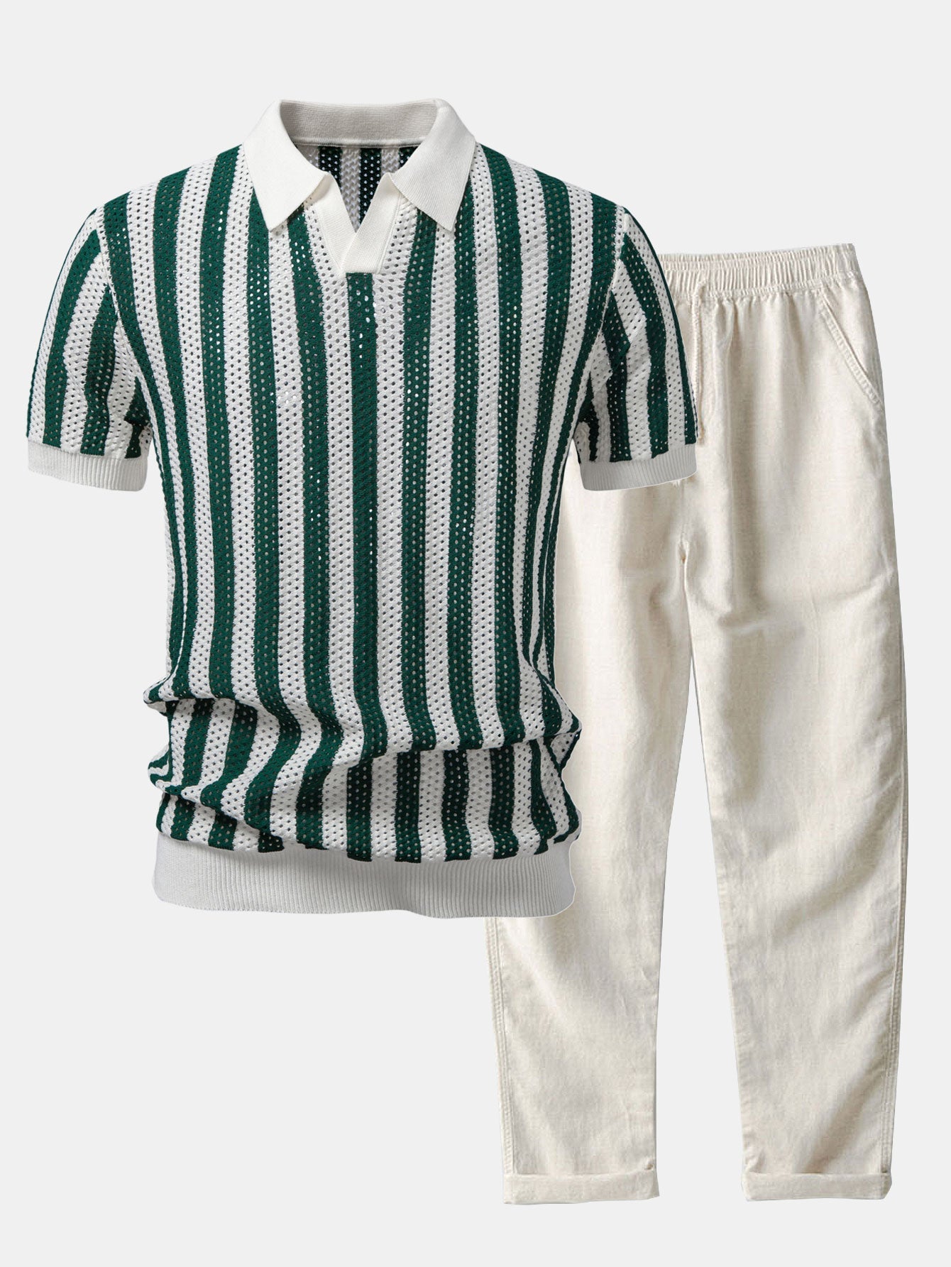 Stripe Johnny Collar Open Knit Polo & Straight Leg Linen Pants Set