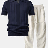 Johnny Collar Striped Open Knit Polo & Straight Leg Linen Pants Set