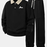 Letter Print Contrast Polo Sweatshirt & Pleated Pintuck Sweatpants Set