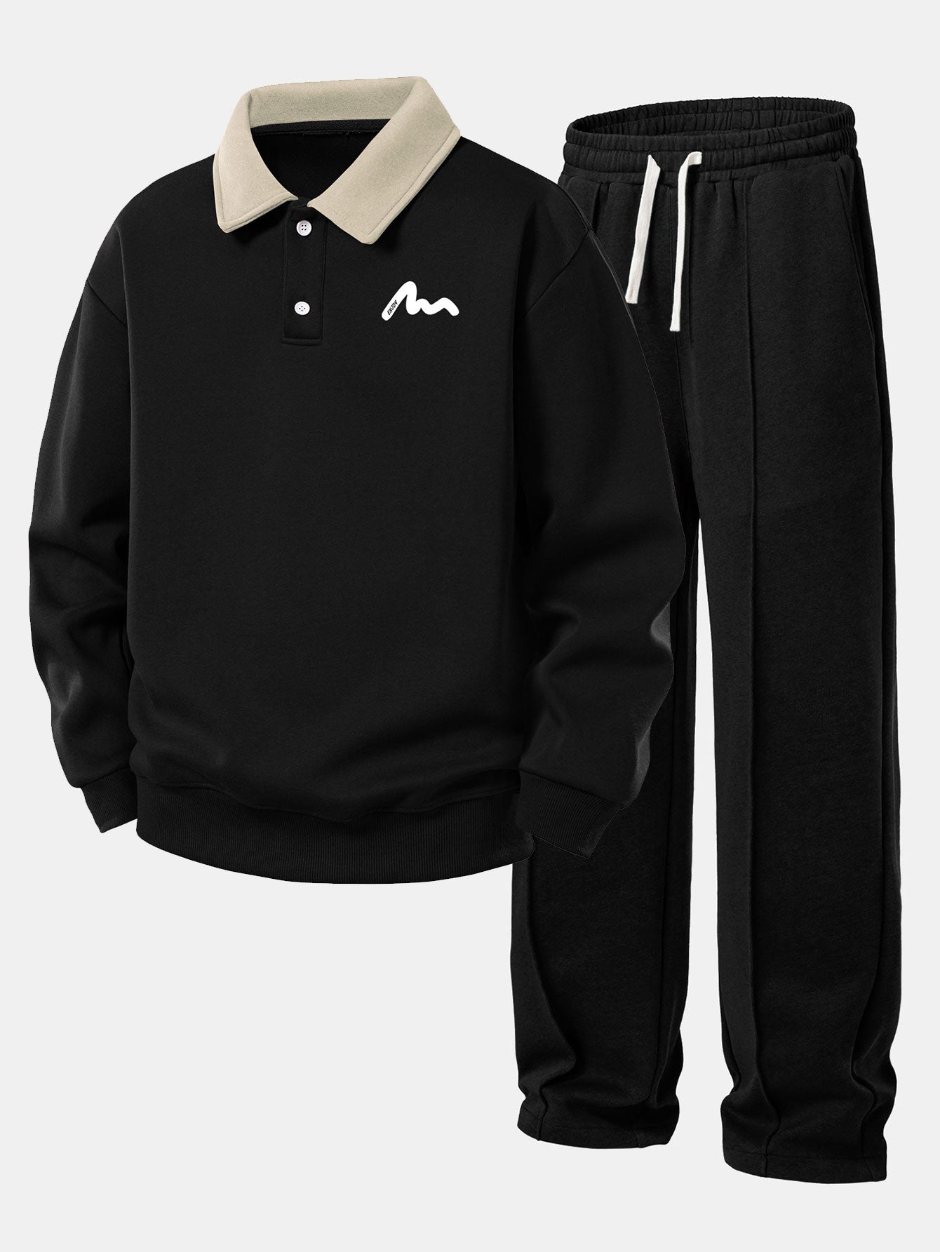 Letter Print Contrast Polo Sweatshirt & Pleated Pintuck Sweatpants Set