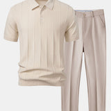 Stripe Jacquard Knit Polo Shirt & Slim Fit Tapered Trousers Set