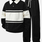 Color Block Patchwork Polo Sweatshirt & Pleated Pintuck Sweatpants Set