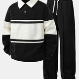 Color Block Patchwork Polo Sweatshirt & Pleated Pintuck Sweatpants Set