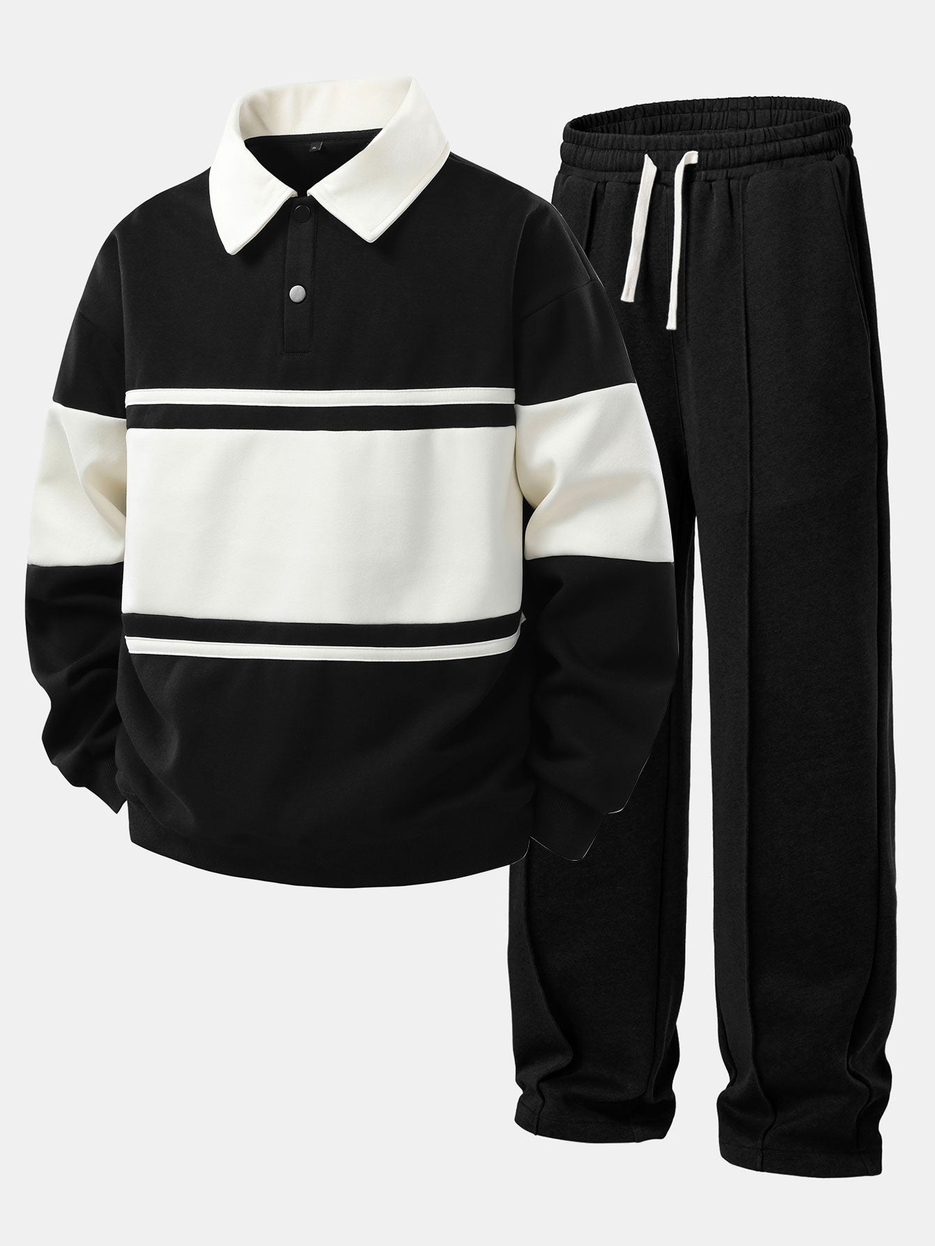 Color Block Patchwork Polo Sweatshirt & Pleated Pintuck Sweatpants Set