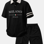 Milano Print Contrast Collar Polo Shirt & Cotton Drawstring 7" Shorts Set