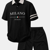 Milano Print Contrast Collar Polo Shirt & Cotton Drawstring 7" Shorts Set