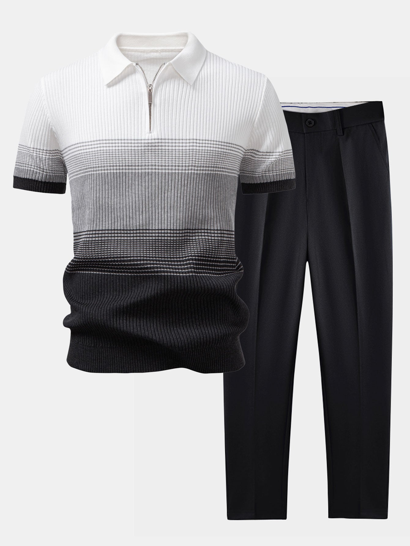 Striped Gradient Knitted Polo Shirt & Slim Fit Tapered Trousers Set