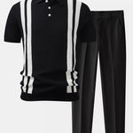 Contrast Textured Knit Polo & Slim Fit Tapered Trousers Set
