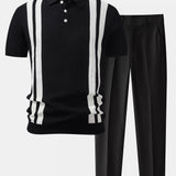Contrast Textured Knit Polo & Slim Fit Tapered Trousers Set