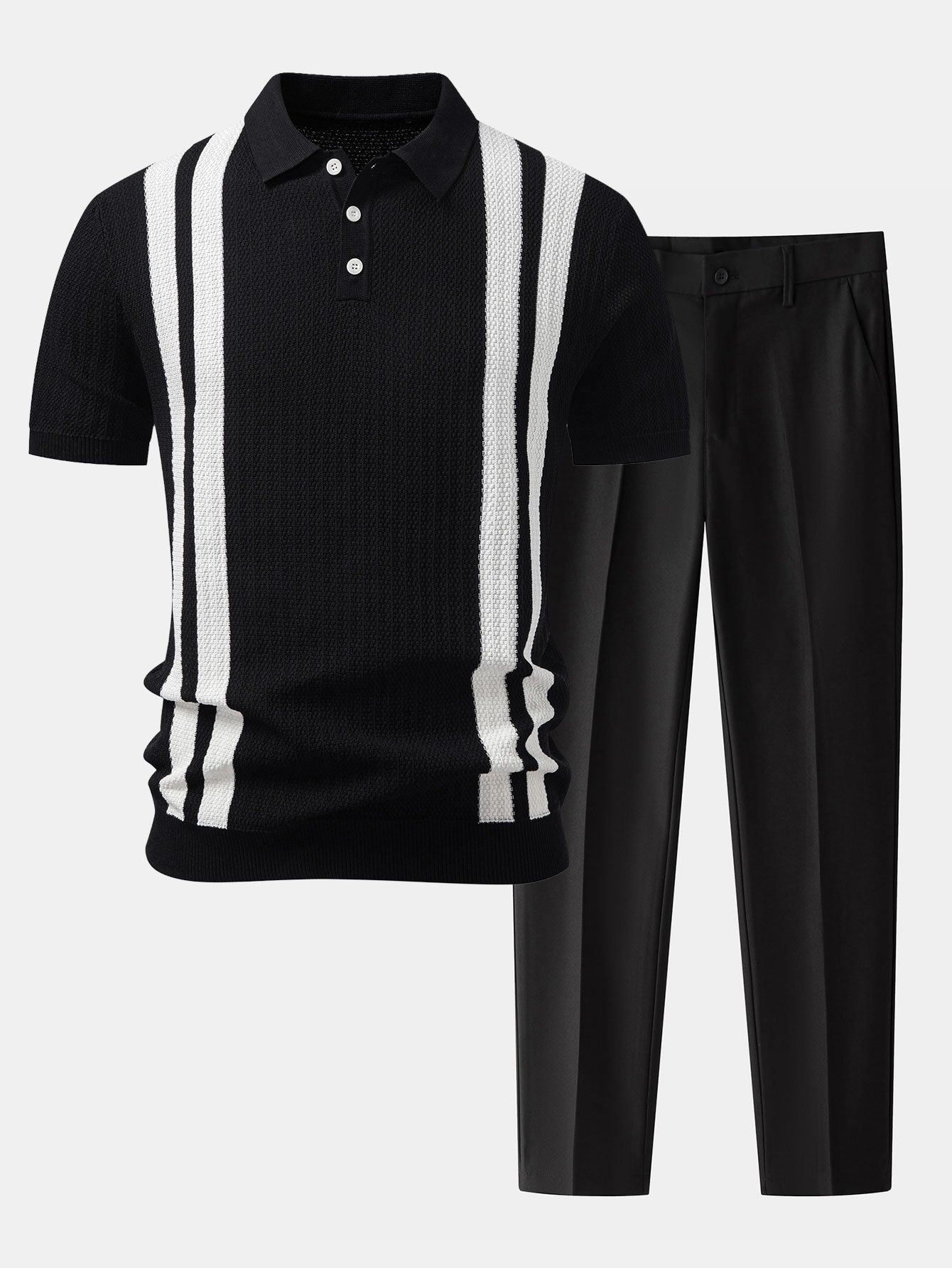Contrast Textured Knit Polo & Slim Fit Tapered Trousers Set