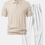 Stripe Jacquard Knit Polo Shirt & Straight Leg Ribbed Pants Set