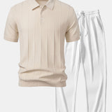 Stripe Jacquard Knit Polo Shirt & Straight Leg Ribbed Pants Set