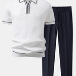 Contrast Trim Waffle Zipper Knit Polo & Slim Fit Tapered Trousers Set