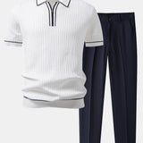 Contrast Trim Waffle Zipper Knit Polo & Slim Fit Tapered Trousers Set