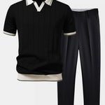 Contrast Trim Ribbed Johnny Collar Knit Polo & Tapered Trousers Set