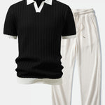 Contrast Textured Johnny Collar Knit Polo & Drawstring Knitted Waffle Pants Set