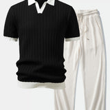 Contrast Textured Johnny Collar Knit Polo & Drawstring Knitted Waffle Pants Set