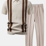 Stripe Johnny Collar Knit Polo & Slim Fit Tapered Trousers Set