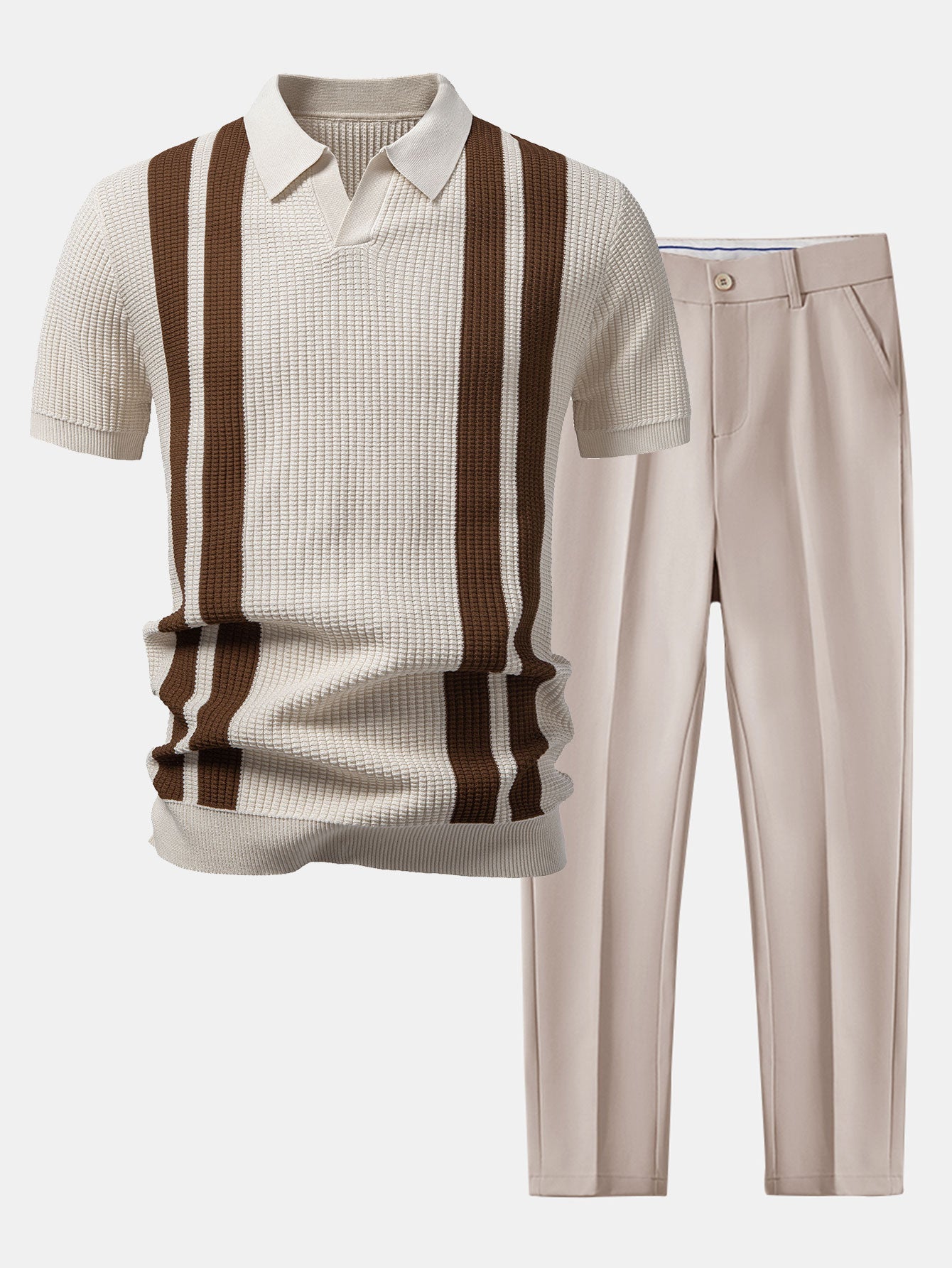 Stripe Johnny Collar Knit Polo & Slim Fit Tapered Trousers Set