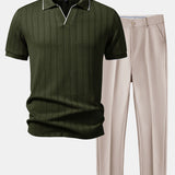 Geometric Jacquard Johnny Collar Polo & Slim Fit Tapered Trousers Set