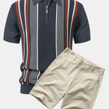 Stripe Knit Zip Up Polo Shirt & Cotton Chino Shorts Set