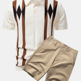 Stripe Geometric Jacquard Knitted Polo Shirt & Cotton Chino Shorts Set
