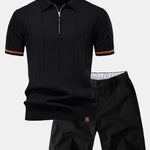 Contrast Trim Zipper Knit Polo Shirt & Elastic Waist Chino Shorts Set