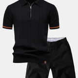 Contrast Trim Zipper Knit Polo Shirt & Elastic Waist Chino Shorts Set