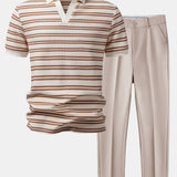 Stripe Waffle Johnny Collar Polo & Slim Fit Tapered Trousers Set