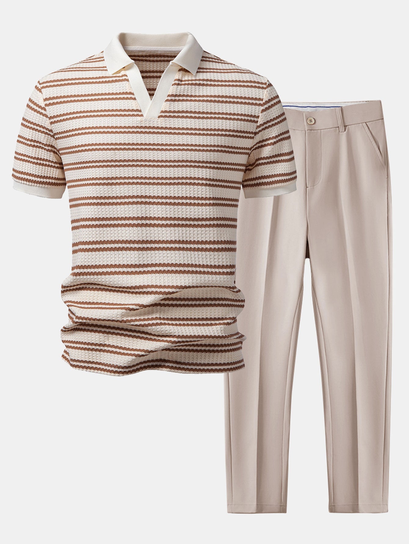 Stripe Waffle Johnny Collar Polo & Slim Fit Tapered Trousers Set
