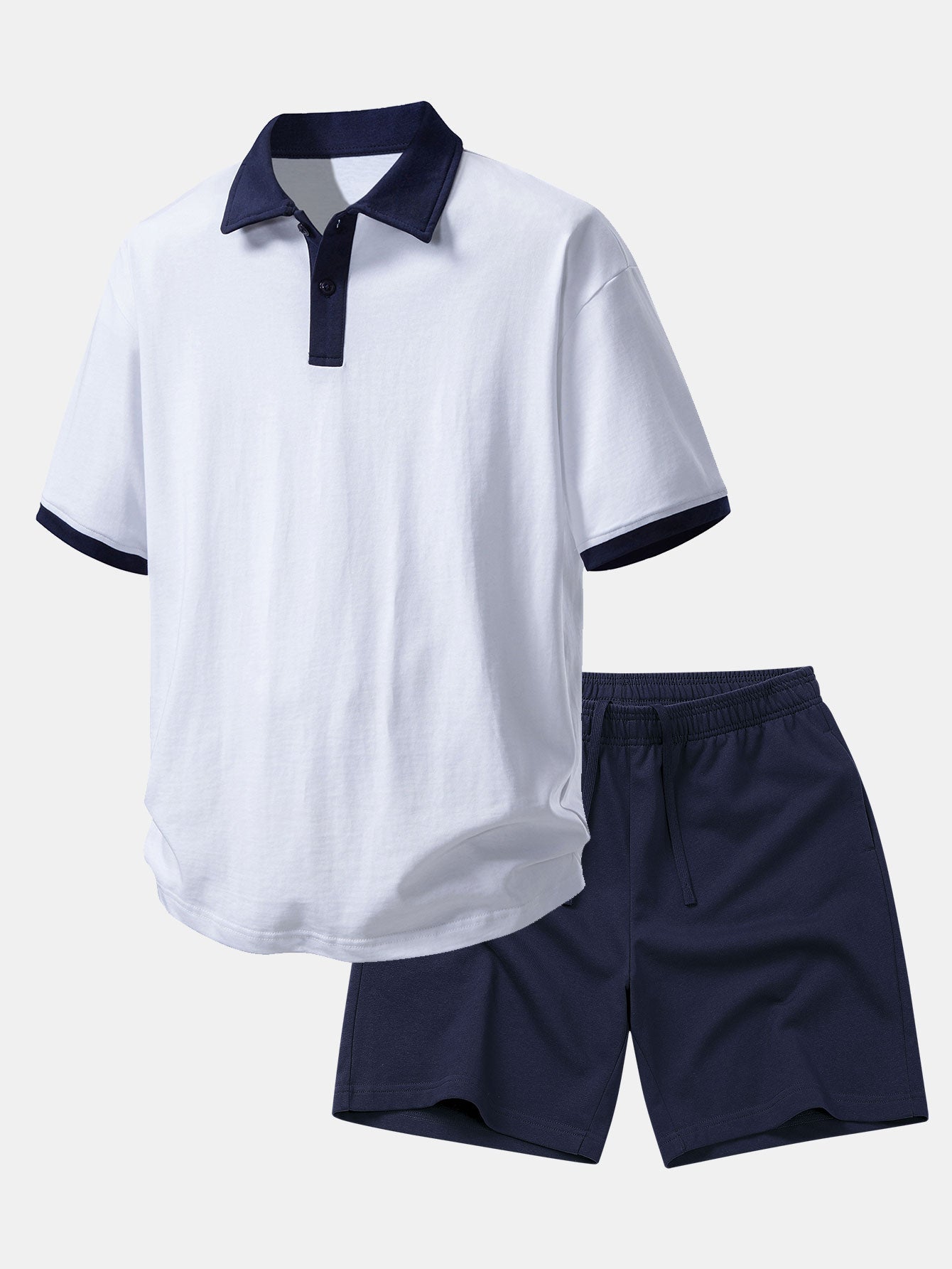Relax Fit Contrast Cotton Polo & Cotton Drawstring 7" Shorts Set