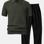 Wave Jacquard Knit V Neck Polo Shirt & Straight Leg Ribbed Pants Set