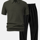 Wave Jacquard Knit V Neck Polo Shirt & Straight Leg Ribbed Pants Set