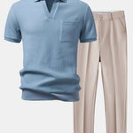 Waffle Johnny Collar Polo with Pocket & Slim Fit Tapered Trousers Set
